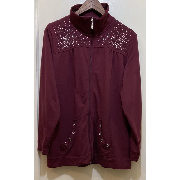 Quacker Factory Fleece Jacket Womens XL Burgundy Rhinestone Embellished Full Zip - Picture 1 of 14